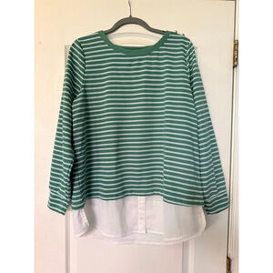 Women's ISAACMIZRAHILIVE! Green & White Striped Long Sleeve Tee L